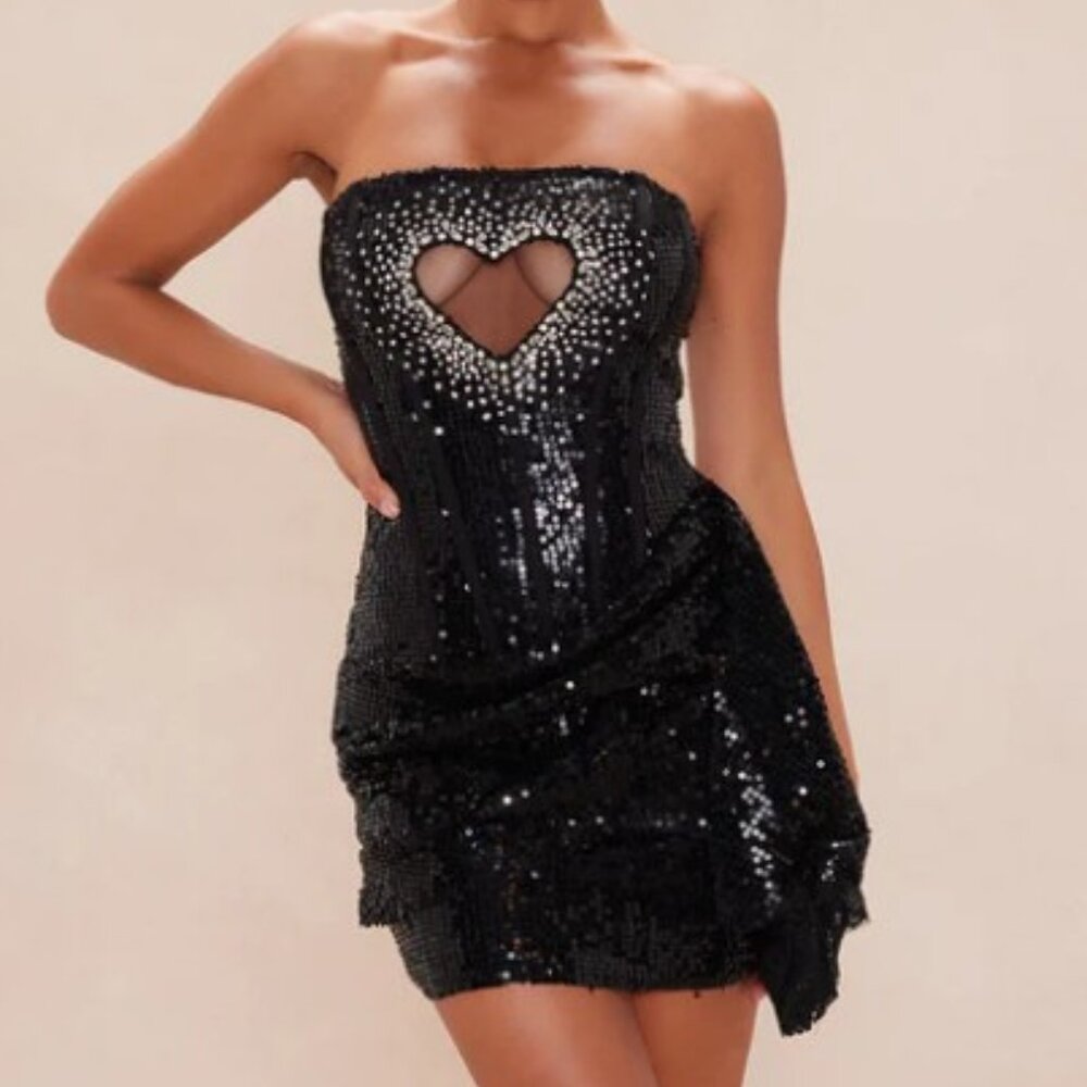Fashion Nova Sabrina Strapless Sequined Embellished Mini Dress in Black- XS